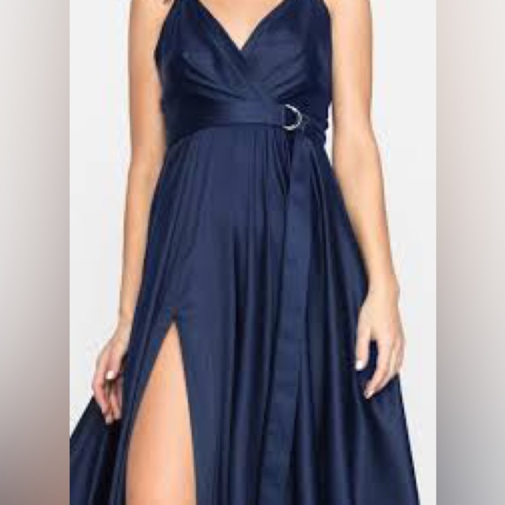 Satin navy long dress with slit